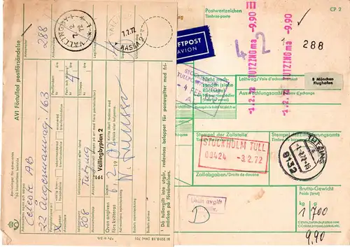 BRD 1972, Paketkarte v. TUTZING m. Schweden Porto-Etikett u. -Formular.