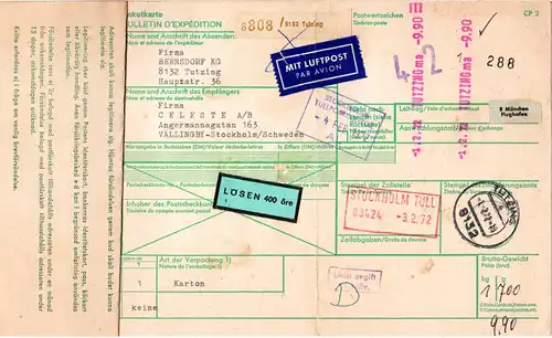 BRD 1972, Paketkarte v. TUTZING m. Schweden Porto-Etikett u. -Formular.
