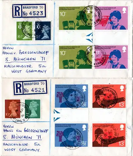GB 1975, 4 Stegpaare 100 J. Telefon auf 2 Einschreiben Briefen n. Deutschland