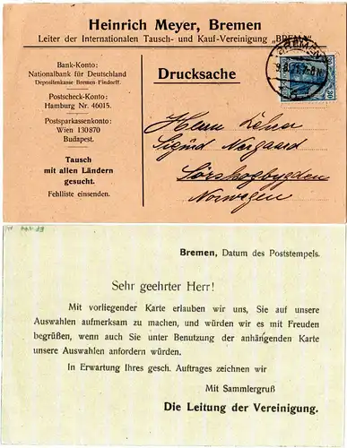 DR 1921, EF 30 Pf. Germania auf Drucksachenkarte v. Bremen n. Norwegen.
