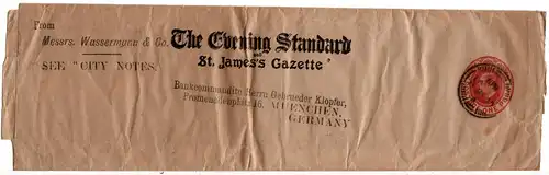 GB 1907, 1d Streifband Ganzsache v. London n. Bayern m. Evening Standard Zudruck