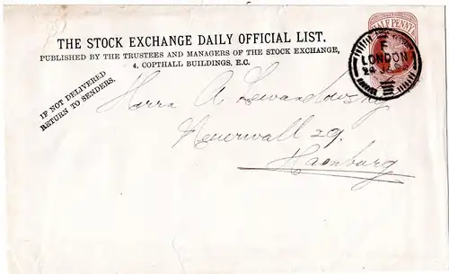 GB 1892, 1/2d Streifband Ganzsache v London n. Hamburg m. Stock Exchange Zudruck