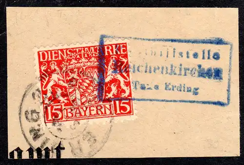Bayern 1916, Posthilfstelle REICHENKIRCHEN Taxe Erding auf Briefstück m. 15 Pf.