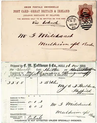 GB 1885, 1d Ganzsache m. rs. Zudruck C.M.Lofthouse&Co. v. Hull n. Deutschland.