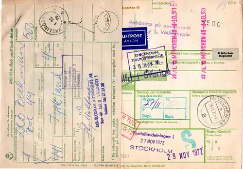 BRD 1972, Paketkarte v. MÜNCHEN 3 m. Schweden Porto-Etikett u. -Formular.