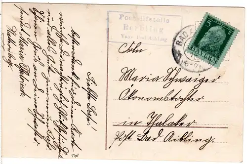 Bayern 1914, Posthilfstelle BERBLING Taxe Bad Aibling auf Karte m. 5 Pf.