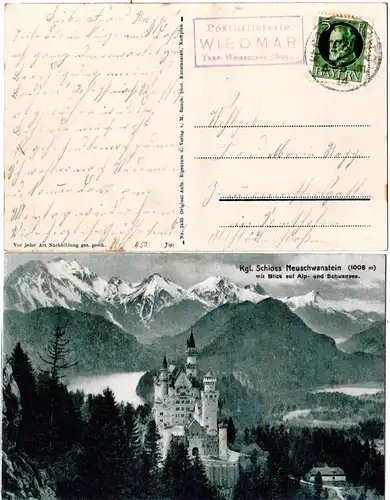 Bayern 1914, Posthilfstelle WIEDMAR Taxe Weissensee auf Neuschwanstein AK 