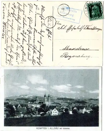 Bayern 1913, Posthilfstelle BÖRWANG Taxe Haldenwang auf Kempten sw-AK m. 5 Pf.