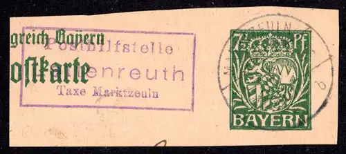 Bayern 1918, Posthilfstelle LETTENREUTH Taxe Marktzeuln auf Ganzsachenteil 