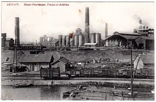 FP WK I 1915, DENAIN sw-AK m. Hochofen u. Eisenbahn Güterzug