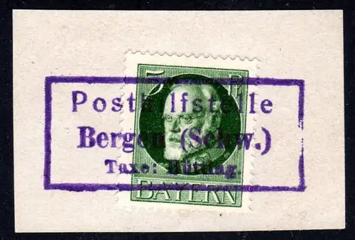 Bayern, Posthilfstelle BERGEN Taxe Hütting als Entwertung auf Briefstück 