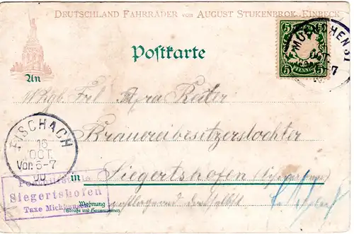 Bayern 1900, Posthilfstelle SIEGERTSHOFEN Taxe Mickhausen auf Litho AK m. 5 Pf.