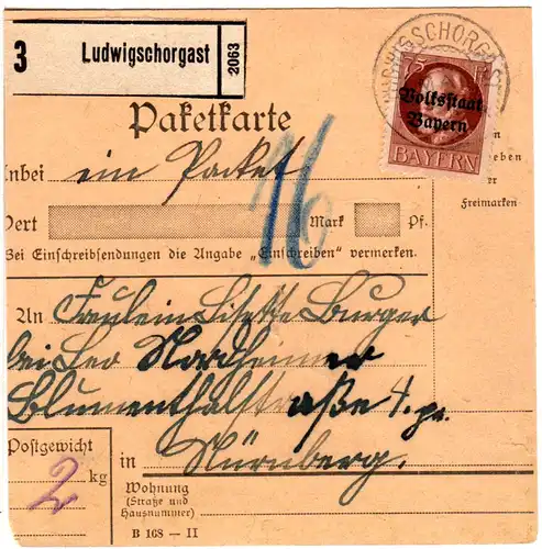 Bayern 1920, EF 75 Pf. Volksstaat auf Paketkarte v. LUDWIGSCHORGAST