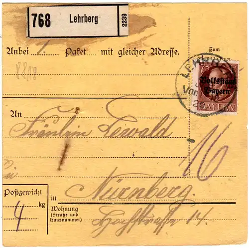 Bayern 1920, EF 75 Pf. Volksstaat auf Paketkarte v. LEHRBERG