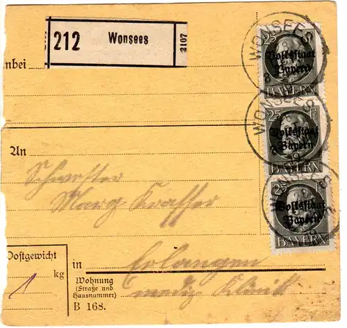Bayern 1919, MeF 3x25 Pf. Volksstaat auf Paketkarte v. WONSEES