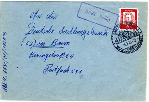 BRD 1963, Landpost Stpl. 5581 TELLIG klar auf Brief m. 20 Pf. v. BULLAY