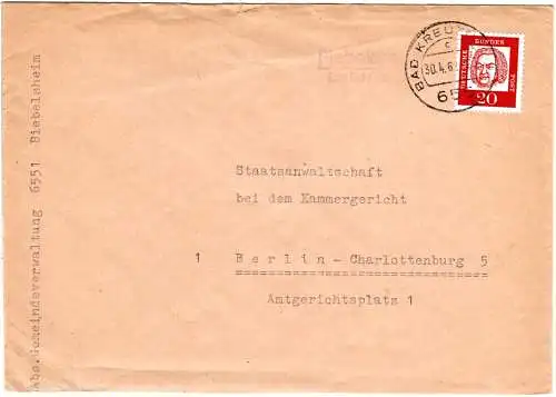 BRD 1962, Landpost Stpl. BIEBELSHEIM über Bad Kreznach auf Brief m. 20 Pf.