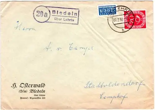 BRD 1952, Landpost Stpl. 20a BLEDELN über Lehrte auf Brief m. 20 Pf.+Notopfer 