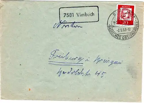 BRD 1963, Landpost Stpl. 7581 VIMBUCH auf Brief m. 20 Pf. v. Bühl (Baden).