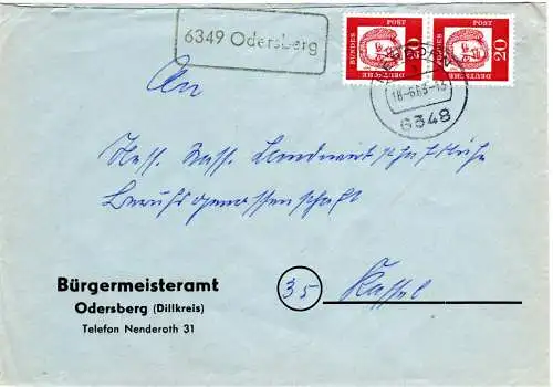 BRD 1963, Landpost Stpl. 6349 ODERSBERG auf Brief m. 2x20 Pf. v. Herborn