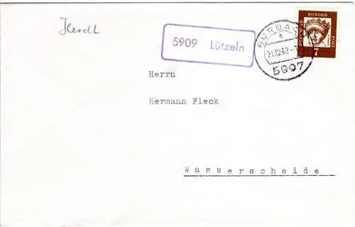 BRD 1962, Landpost Stpl. 5909 LÜTZELN auf Brief m. 7 Pf. v. Bürbach