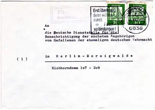 BRD 1962, Landpost Stpl. NIEDERALTDORF über Dillingen auf Brief m. 2x10 Pf. 