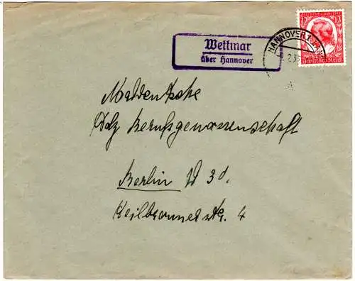 DR 1935, Landpost Stpl. WETTMAR über Hannover auf Brief m. 12 Pf. Schiller