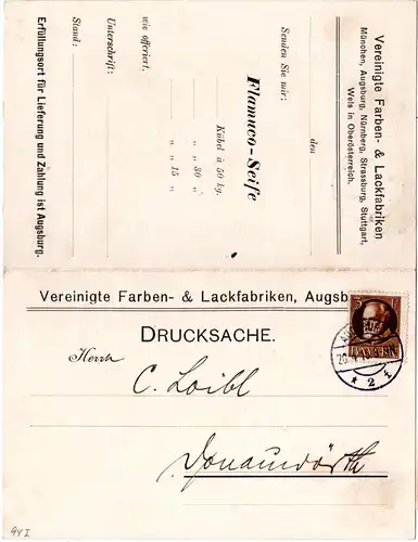 Bayern 1915, EF 3 Pf. Friedensdruck auf Firmen Doppelkarte v. Augsburg