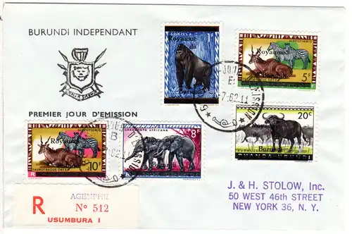 Burundi 1962, 5 Ruanda Urundi Überdruckmarken Tiere auf Reko Brief n. USA