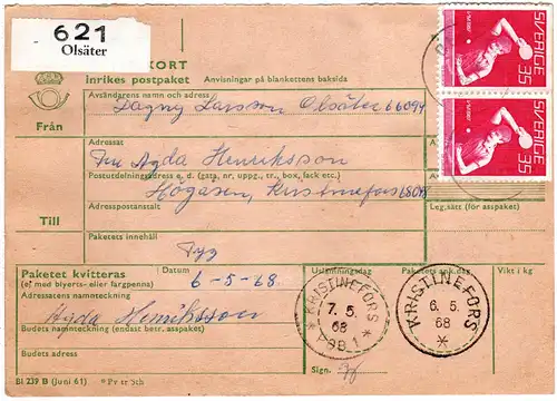 Schweden 1968, MeF 8x35 öre Tischtennis WM auf Paketkarte v. Olsäter 