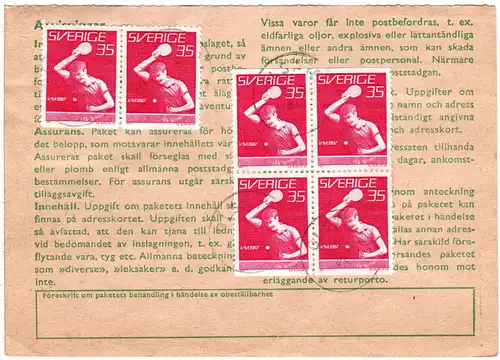 Schweden 1968, MeF 8x35 öre Tischtennis WM auf Paketkarte v. Olsäter 
