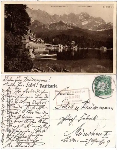 Bayern 1908, Posthilfstelle SCHMÖLZ Taxe Garmisch auf Eibsee sw-AK m. 5 Pf.