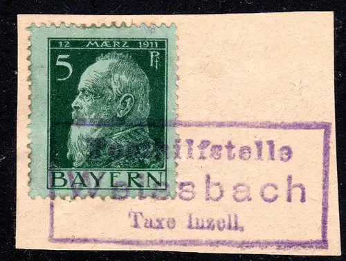 Bayern, Posthilfstelle WEISSBACH Taxe Inzell, Entwertung auf Briefstück m. 5 Pf.