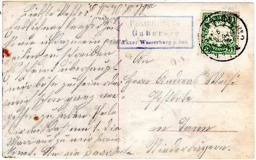 Bayern 1909, Posthilfstelle GABERSEE Taxe Wasserburg a. Inn auf Karte m. 5 Pf.