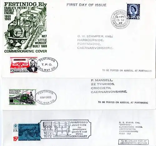 GB, 3 Festiniog Railway stamps on 3 covers with interesting contents