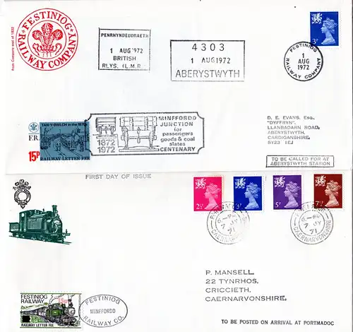 GB, 3 Festinog Railway stamps on 3 covers with interesting contents