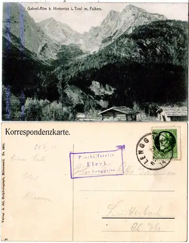 Bayern 1914, Posthilfstelle FLECK Taxe Lenggries auf Hinterriss AK m. 5 Pf.