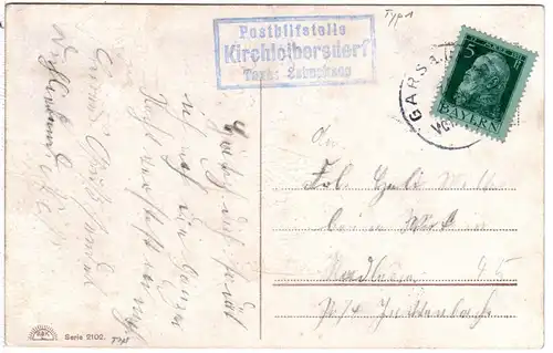 Bayern 1913, Posthilfstelle KIRCHLOIBERSDORF Taxe Schnaitsee auf Karte m. 5 Pf.