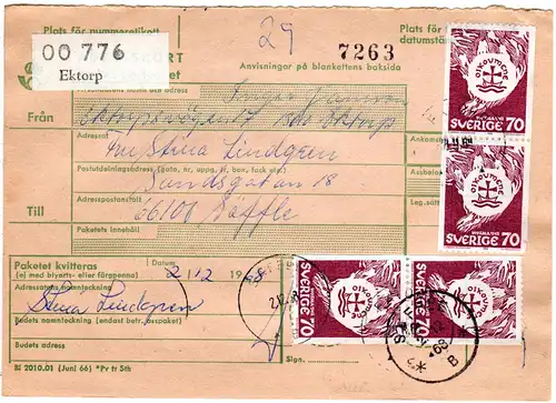 Schweden 1968, MeF 4x70 öre Ökumene auf Paketkarte v. Ektorp 