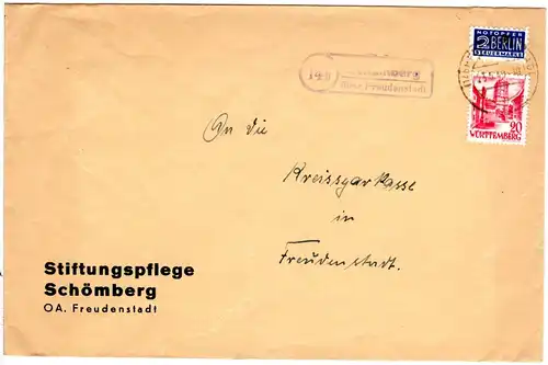1949, Landpost Stpl. SCHÖMBERG über Freudenstadt klar auf Brief m. 20 Pf.