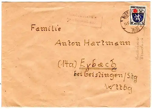 Franz. Zone 1946, Landpost Stpl. BONLANDEN über Biberach auf Brief m. 24 Pf