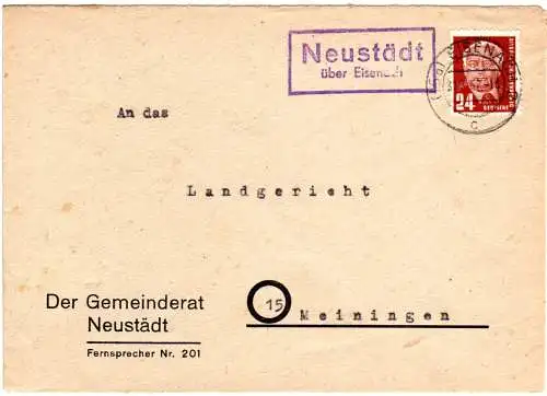 DDR 1952, Landpost Stpl. NEUSTÄDT über Eisenach auf Gemeinde Brief m. 24 Pf.