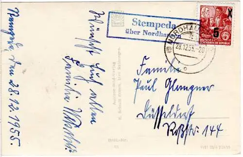 DDR 1955, Landpost Stpl. STEMPEDA über Nordhausen auf Karte m. 5/8 Pf.