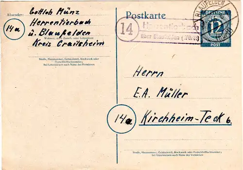 1946, Landpost Stpl. 14 HERRENTIERBACH über Blaufelden klar auf 12 Pf. Ganzsache