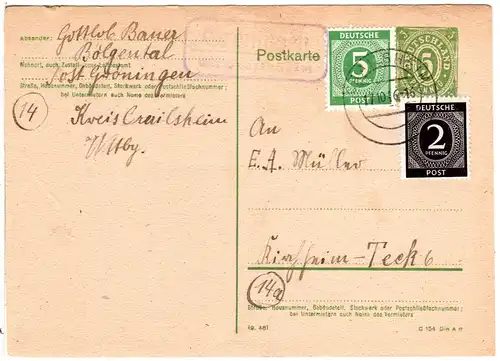 1946, Landpost Stpl. GRÖNINGEN über Crailsheim auf 5 Pf. Ganzsache m. Zusatzfr.