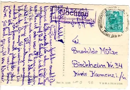 DDR 1960, Landpost Stpl. NOCHTEN über Weißwasser auf AK m. 10 Pf.