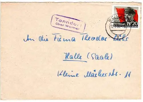 DDR 1956, Landpost Stpl. TONNDORF über Weimar auf Brief m. 20 Pf.