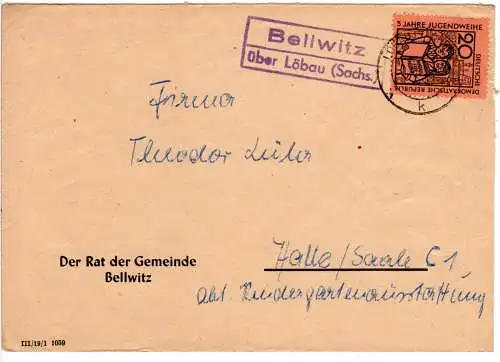 DDR 1959, Landpost Stpl. BELLWITZ über Löbau auf Gemeinde Brief m. 20 Pf.