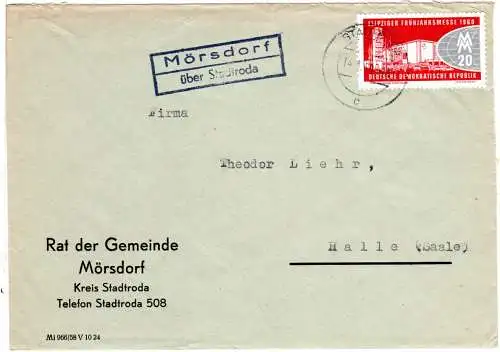DDR 1960, Landpost Stpl. MÖRSDORF über Stadtroda auf Gemeinde Brief m. 20 Pf.