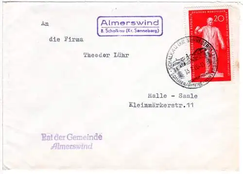 DDR 1960, Landpost Stpl. ALMERSWIND über Schalkau auf Gemeinde Brief m. 20 Pf.